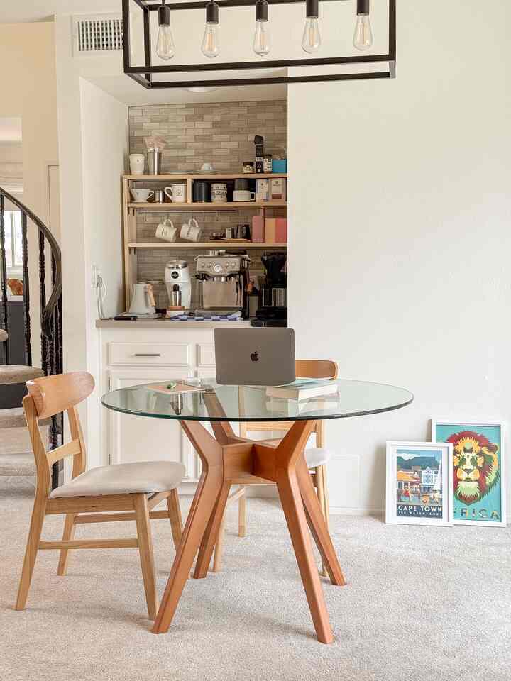 My breakfast nook with a coffee bar in the back — and it often turns into my workspace.

#BreakfastNook #CoffeeBar #WorkFromHome #CozyCorner #HomeVibes #homeoffice