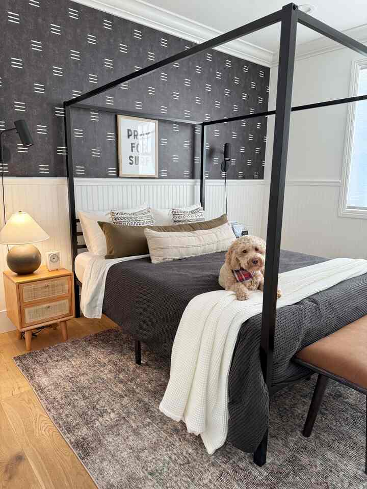 Black and white toned bedroom featuring a metal canopy bed and a dog resting comfortably in the center