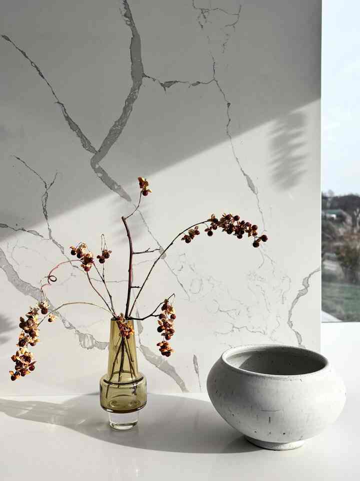 Minimal and natural space featuring white ceramic bowl and transparent glass vase with dried branches