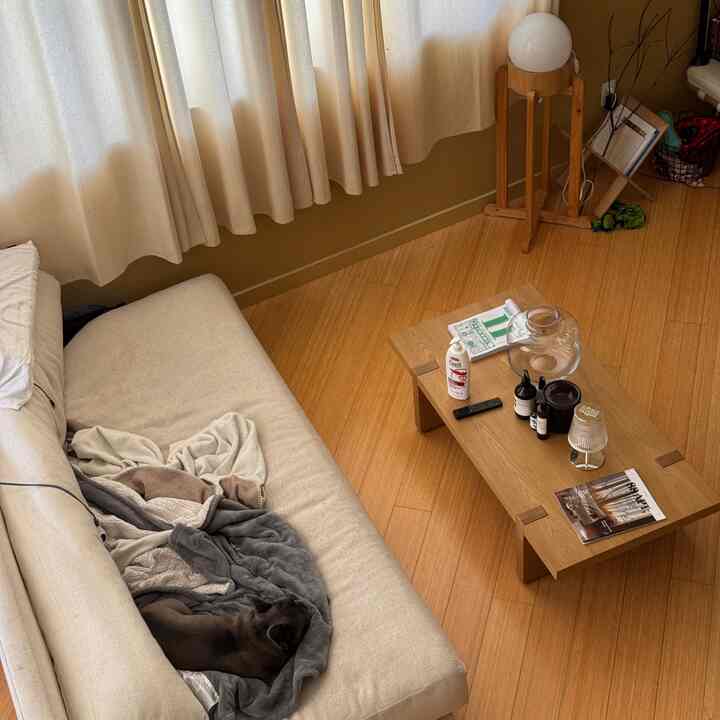 Warm natural color loft living room featuring a beige sofa, wooden coffee table, curtains, and a floor lamp creating a cozy atmosphere