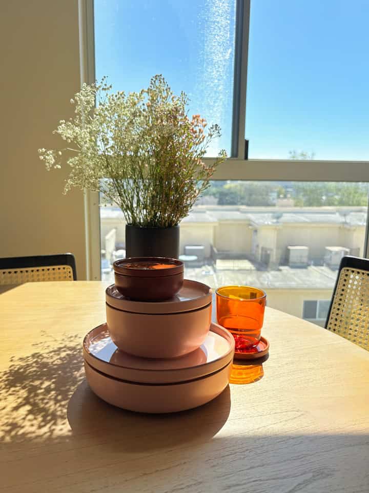 Colorful, soft, & dreamy tablescape ft. Our Place’s stackable ceramic dinnerware 🧡 #ourplace #sunset #tableware #dinnerware 