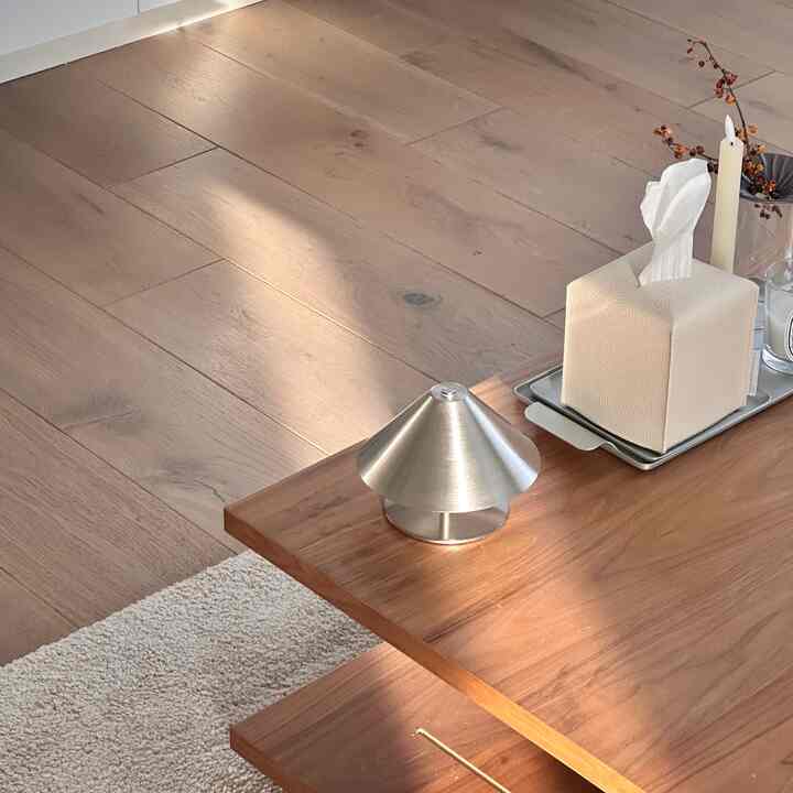 Warm brown toned living room featuring a wooden coffee table with silver table lamp and tissue box cover creating a cozy atmosphere