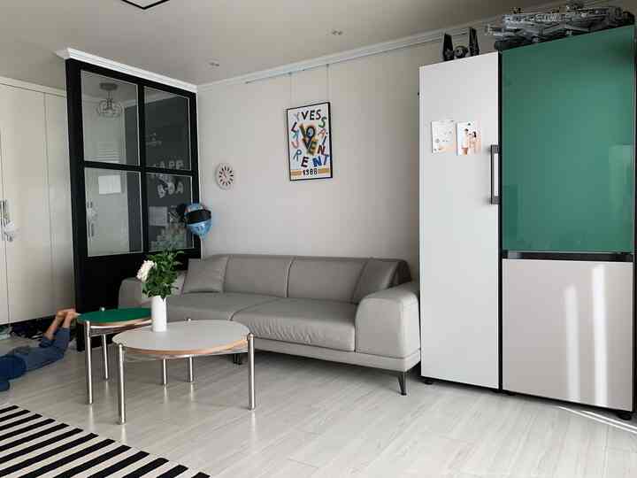 Natural-toned modern living room for two, featuring a gray sofa, round coffee tables, and a two-tone refrigerator in a compact space