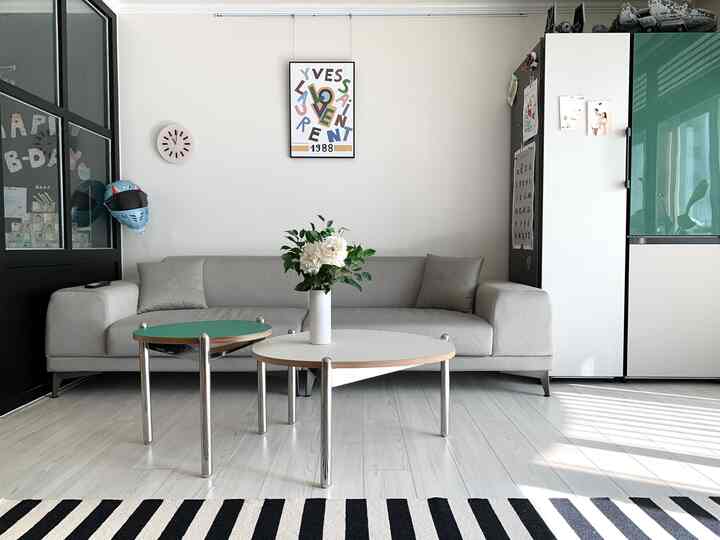 White and green toned living room featuring a simple gray sofa and a custom Samsung Bespoke refrigerator in a clean setting
