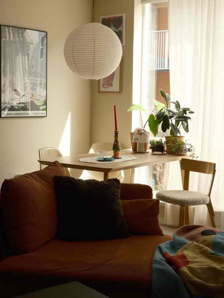 Beige-toned living room with curtains, featuring a brown sofa and wooden dining table with plants creating a warm atmosphere