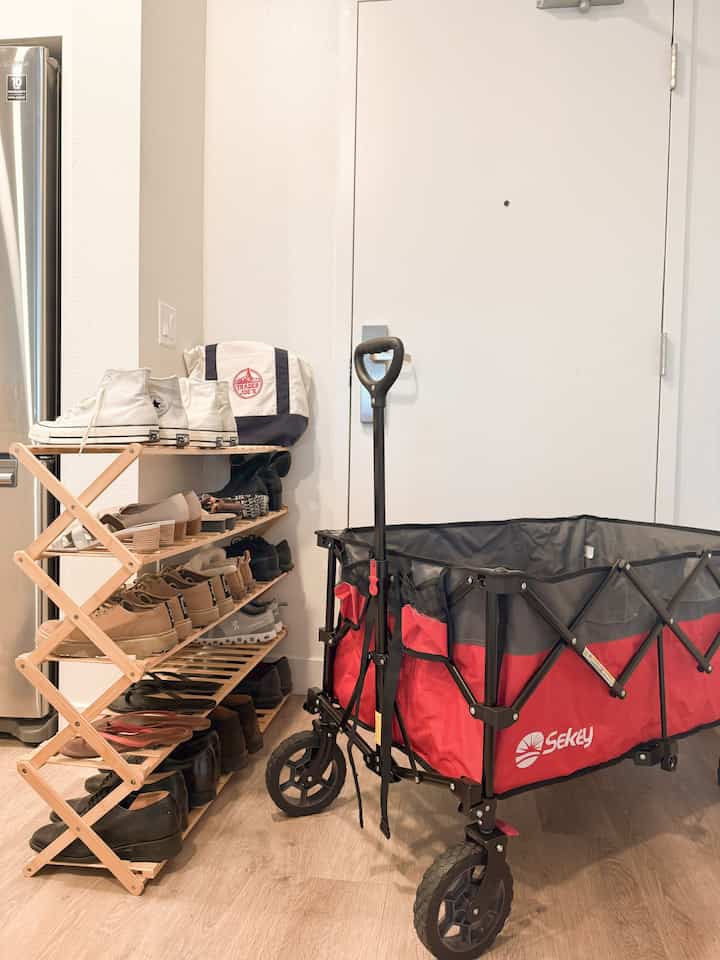 Cozy & Green Entryway
Our little corner of calm: wooden shoe rack 🌱, reusable Trader Joe’s tote 🛍️, and a foldable wagon 🛒 for eco-friendly errands. Functional and feel-good!

#GreenLiving #ShoesRack #TraderJoesBag #WagonLife #EntrywayLove