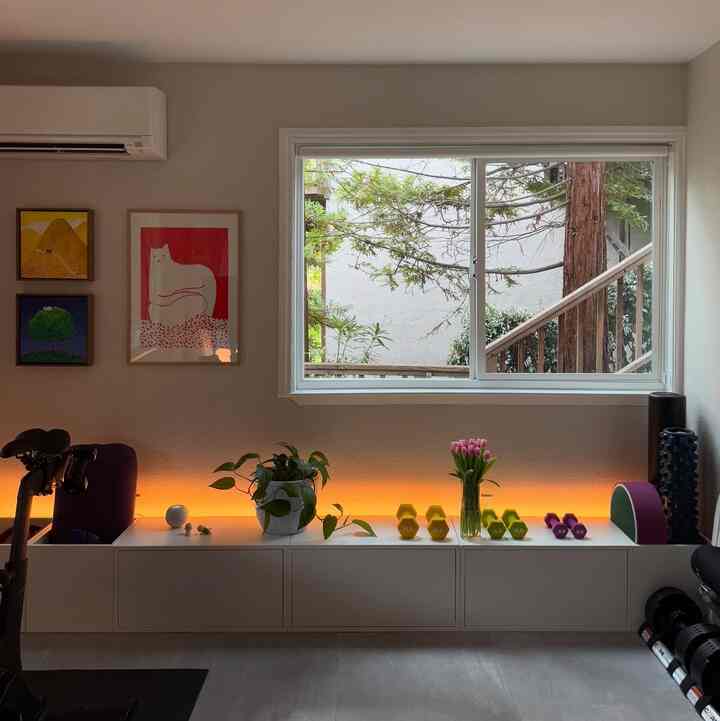 Minimal home gym with white and green tones featuring posters, plants, and dumbbells arranged neatly in a bright space