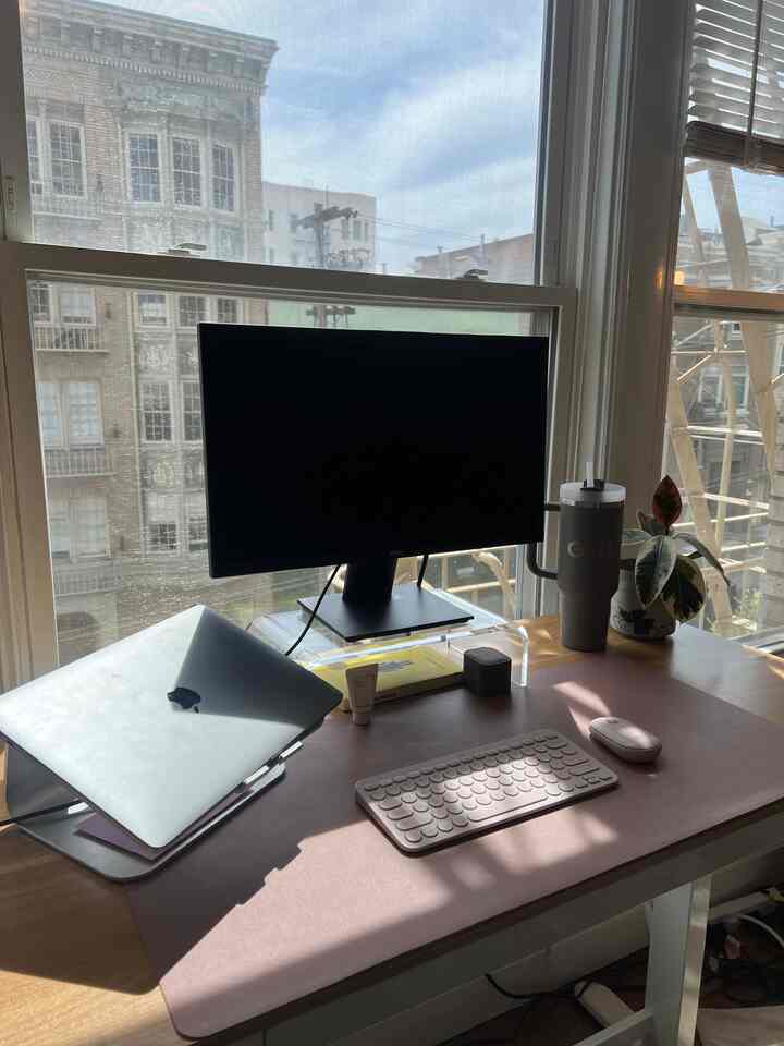 Finally got an acrylic monitor stand rise  for my “office”. Still minimal & pink.  #pink #minimal #officespace #officecorner 