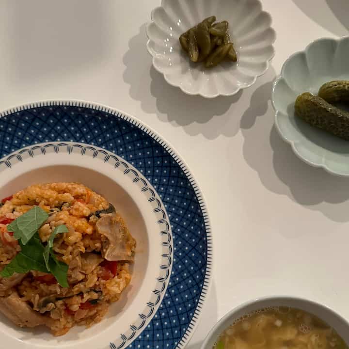 #summer dinner time! Tomato rice & various pickles 
#summerdining