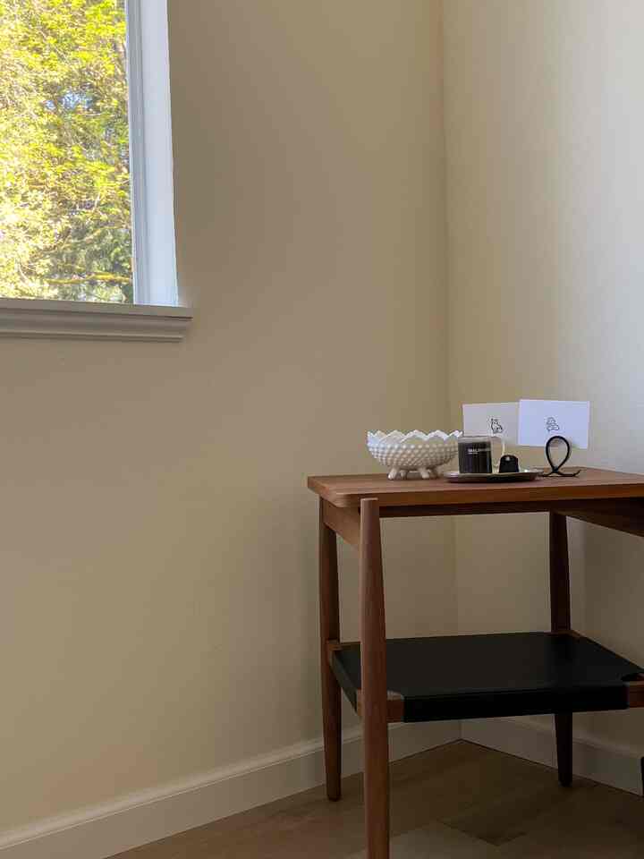 Mungkin karena dedaunan hijau lembut, bunga merah muda, dan langit biru di luar jendela, tetapi saya menyukai nuansa kayu tua dan hitam di kamar tidur saat ini. 

#perabotkayu #walnut #sidetable