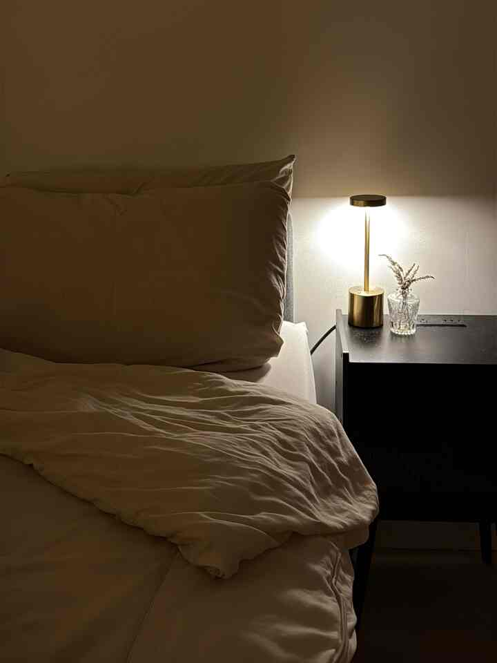 Natural color bedroom featuring bed and table lamp with a cozy atmosphere