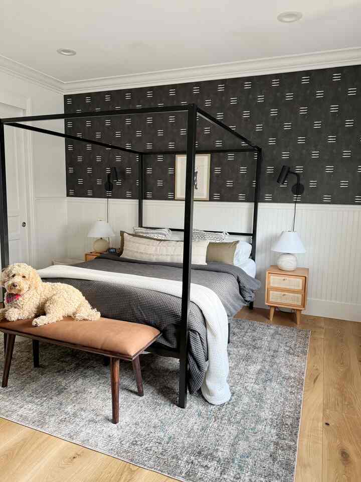 Modern bedroom with black metal canopy bed, wood-tone floor, and gray rug featuring a pet dog lying on a bench