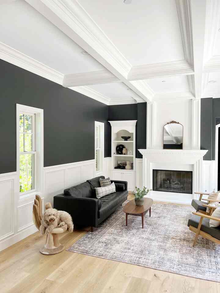 A white and black toned living room featuring modern mid-century furniture and a dog resting on a wooden hand-shaped chair creating a cozy atmosphere