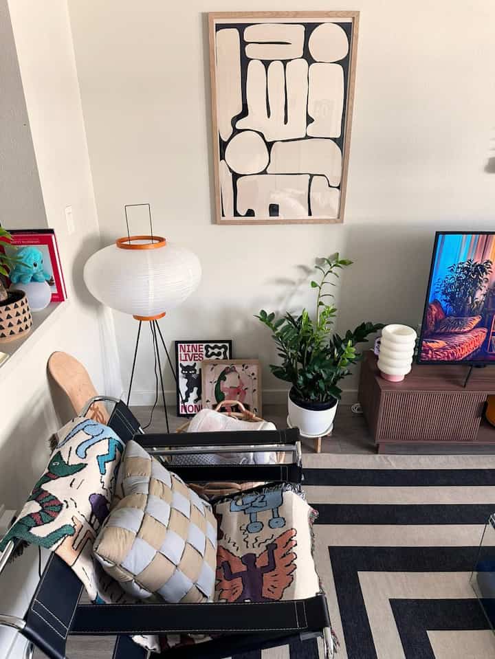 White-walled living room featuring brown TV stand, black striped rug, and green plant in a Mid-Century Modern style