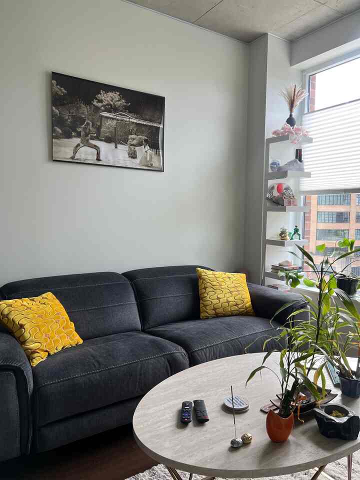 An eclectic feel blended with a cool contemporary vibe, my living room incorprates elements from various styles with a splash of color to balance the palette. With a nod to an iconic film, I displayed the Final Fight Scene of Kill Bill in black & white centered in my living room. To the right, I have a shelf of collectibles I’ve picked up a long the way of beautiful travel. #eclectic #contemporary #killbill