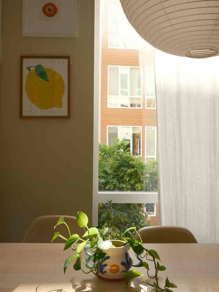 A natural-tone dining space with beige walls and wood-tone table, featuring green plants through window and soft sunlight creating a cozy atmosphere