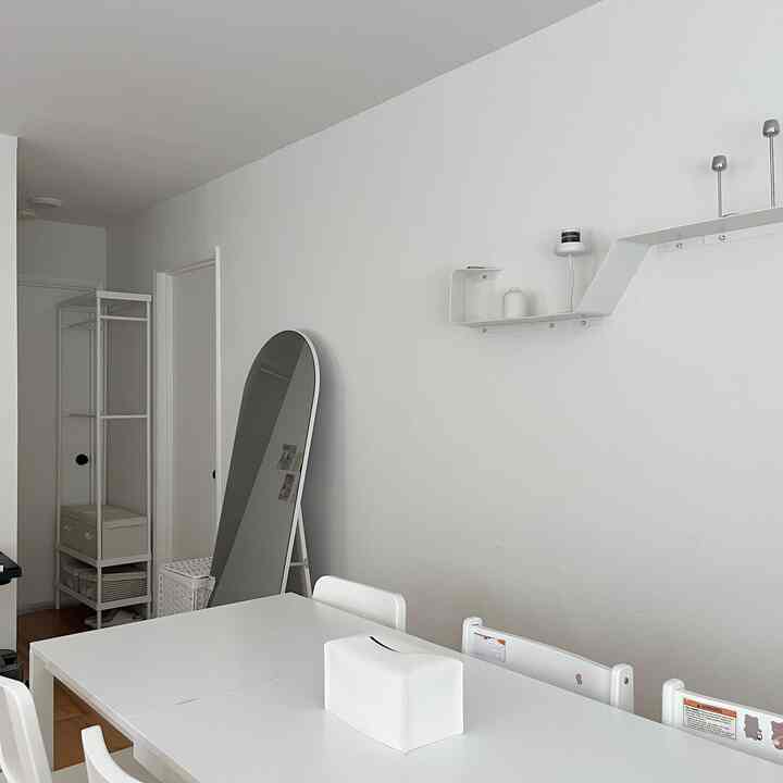 White and silver-toned simple kitchen dining space featuring clean furniture and a full-length mirror in a modern interior