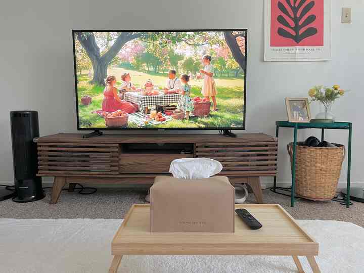 Natural brown-toned living room featuring a central TV stand with wall decor, simple low table in foreground with tissue box and remote