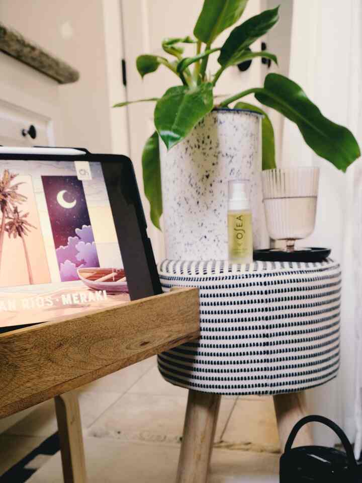 Natural-toned compact room featuring a wooden table, plant, and minimal decor creating a cozy atmosphere