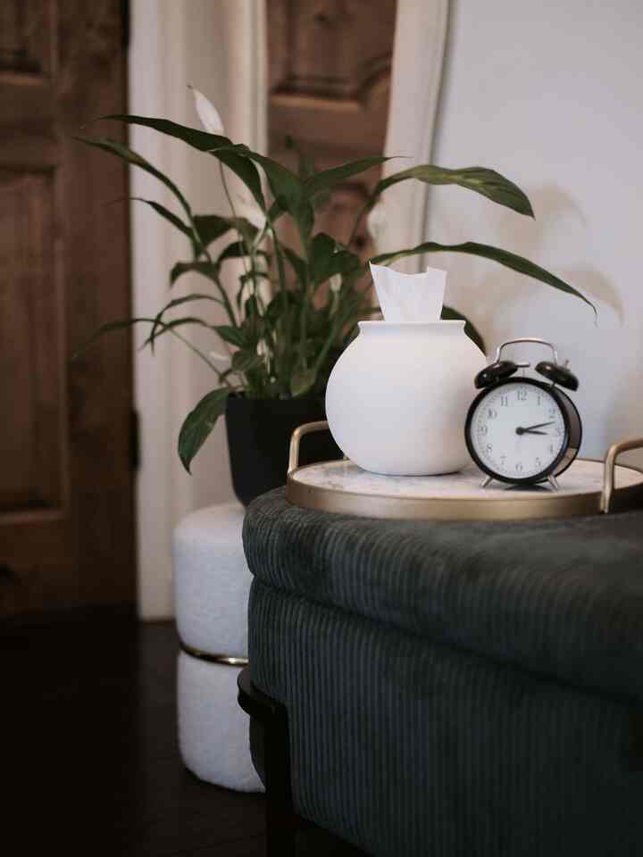Living room with white and beige tones featuring a green plant and dark green ottoman topped with white tissue container and black alarm clock in cozy setting