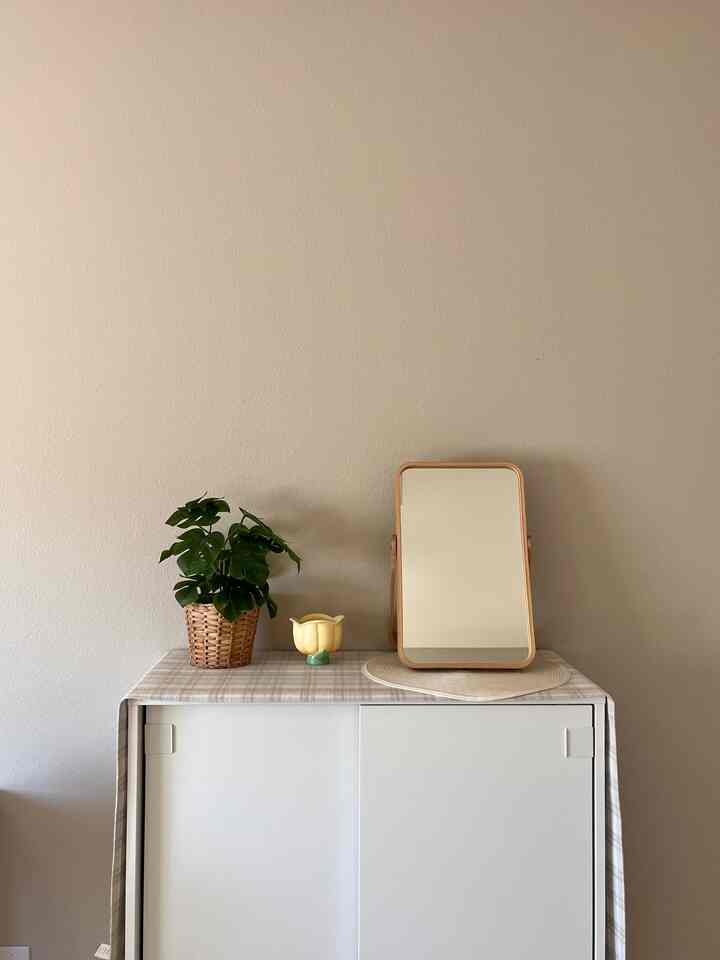 Minimal space with beige wall and white shoe cabinet topped with monstera plant, tabletop mirror, and plaid table runner