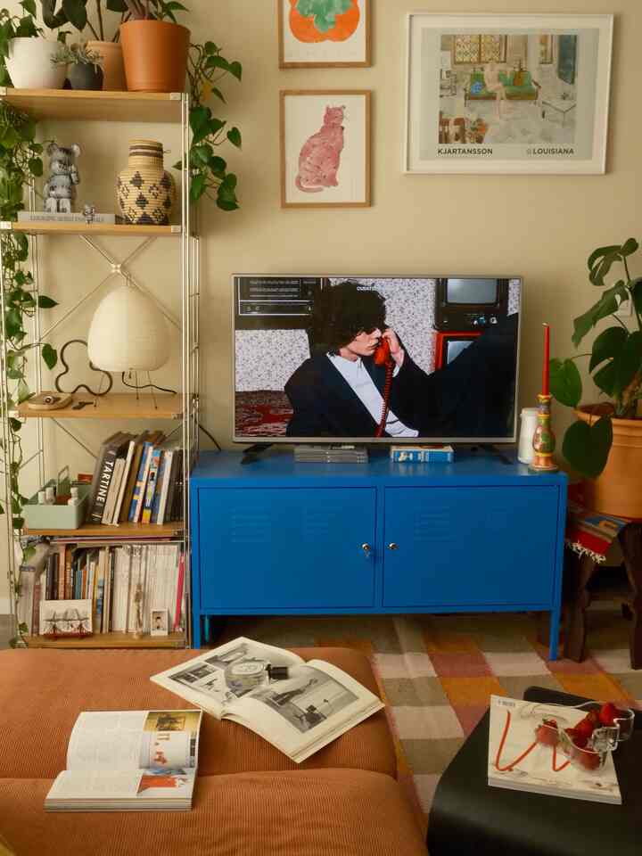 Natural color and blue toned living room featuring sofa and TV stand in a cozy setting