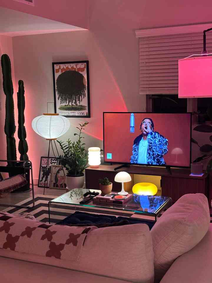A pink-toned Mid-Century Modern living room featuring a sofa, TV stand, multiple ambient lamps, plants, and stylish decor
