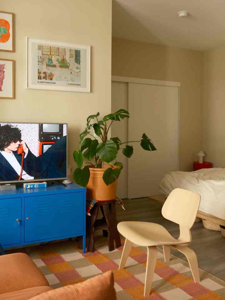 Ivory and wood-toned clean studio bedroom featuring a blue TV cabinet and green plant, showcasing mid-century modern style
