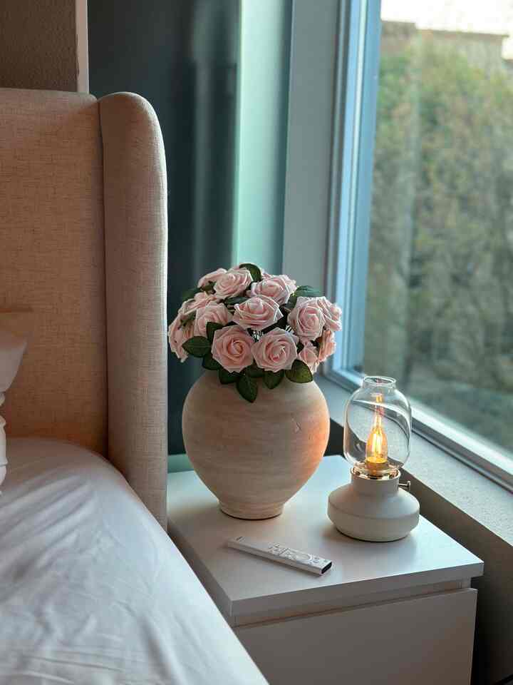 Cozy corner in the bedroom. Keep it in the same color scheme to make it flow naturally.

#bedroom #cozy #lamp #beige #bedroominterior #bed 