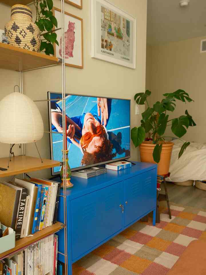 A living room with a blue TV stand, natural wood shelving, and green plants blending into a bedroom corner
