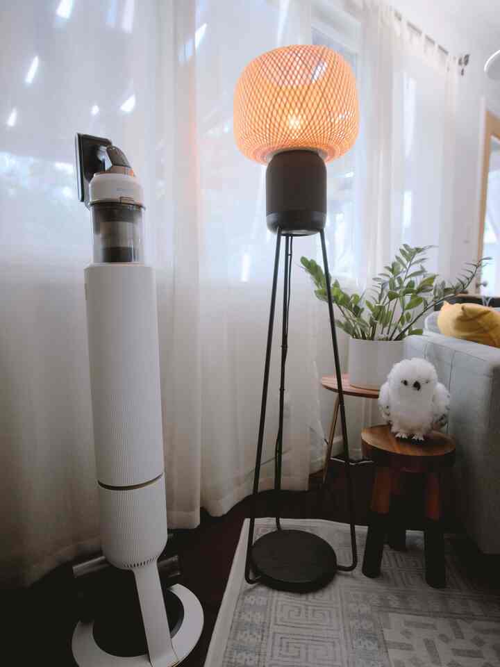 White and natural tone living room featuring cordless vacuum, floor lamp, and plants with a cozy, tidy atmosphere