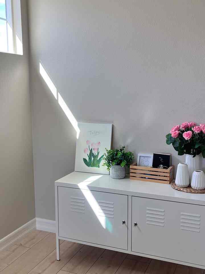 Bright white-walled living room with wood tone floor featuring a white cabinet topped with pink flowers and green plants, showcasing a simple interior