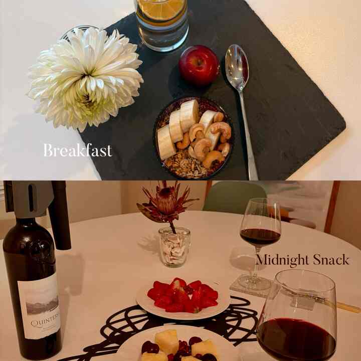 From a peaceful morning with acai bowl to a quiet midnight treat with wine and berries — the same table, two moods.✨✨✨✨✨ 


#dayvsnight #morningvsnight #dayaesthetic #nightaesthetic #breakfast #winesnacks 