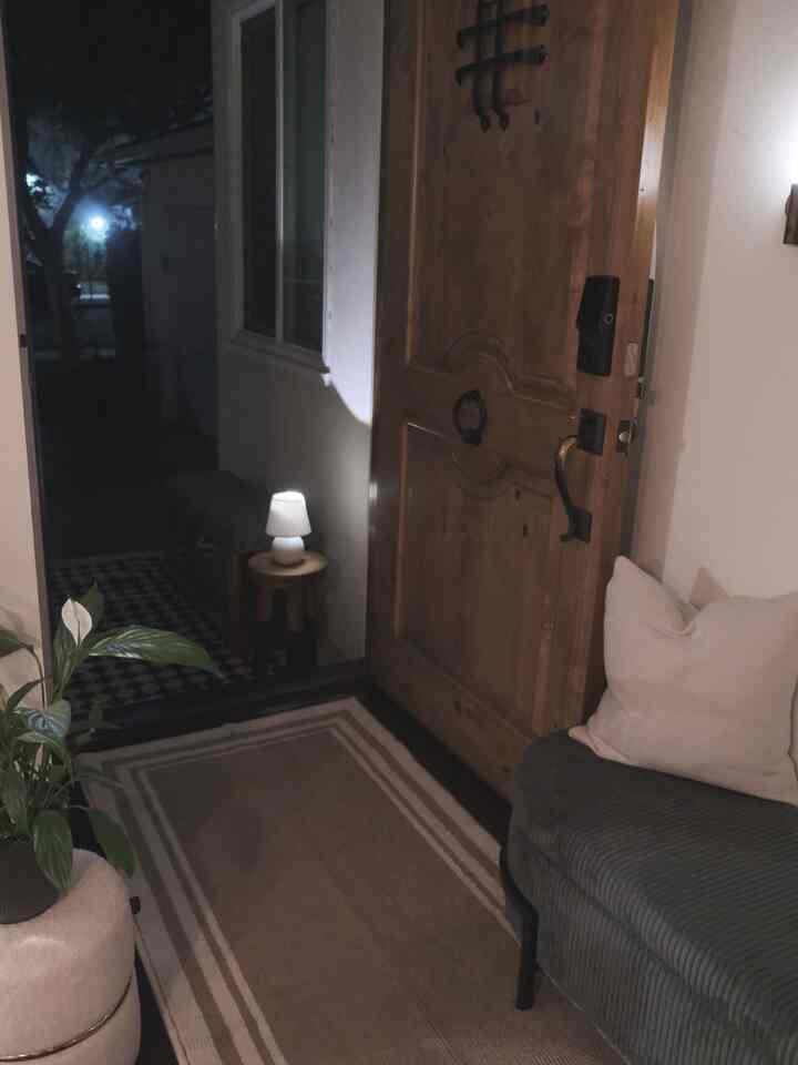 By day, the porch is bright and open with natural light. At night, our DIY wireless lamp adds a soft, cozy glow—perfect for quiet returns home. 🌙✨

#dayvsnight #morningvsnight #dayaesthetic #nightaesthetic #hallway #hallwayinterior #entrance #amazon #entranceinterior #entrancehall #entrancedesign #entrancehallwayinterior #entrancemat 