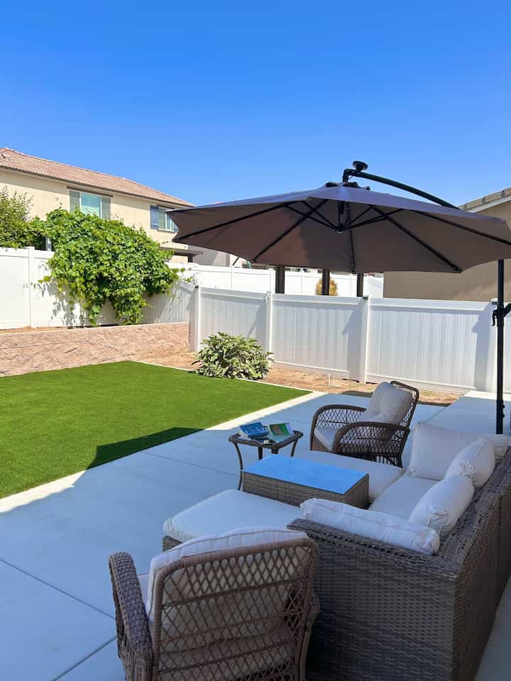 Before the sun gets too strong, 
I spend quiet mornings reading in the backyard. 
Savoring my favorite matcha latte and a good book—
making the most of my little backyard café before the heat sets in 🌱🍵
#backyard #yarddecoration #outdoortable #outdoorsofa #outdoorfurniture