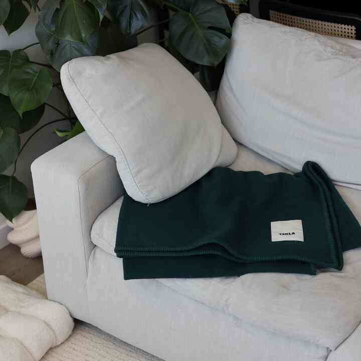 Light gray sofa with dark green blanket in a natural toned living room featuring green leafy plants in the background