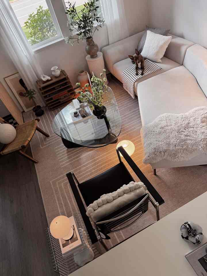 White and natural toned living room featuring a bright sofa, glass coffee table, and a small dog in a cozy space