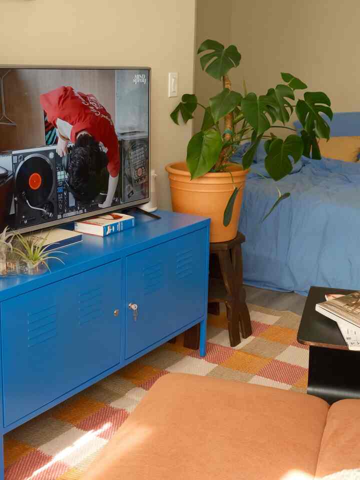 Blue furniture and bedding in a studio bedroom featuring an orange sofa and green plant creating a cozy atmosphere