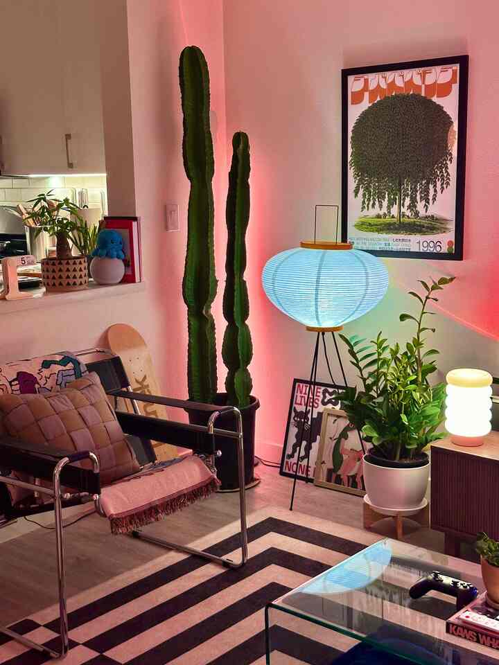 Living room with pink lighting and natural furniture, featuring tall cacti and a blue floor lamp creating a cozy atmosphere