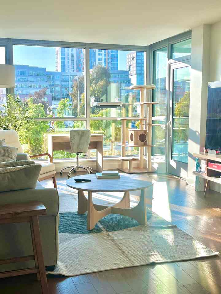 Natural-colored living room featuring wood tones, sofa, coffee table, and cat tower in a cozy atmosphere