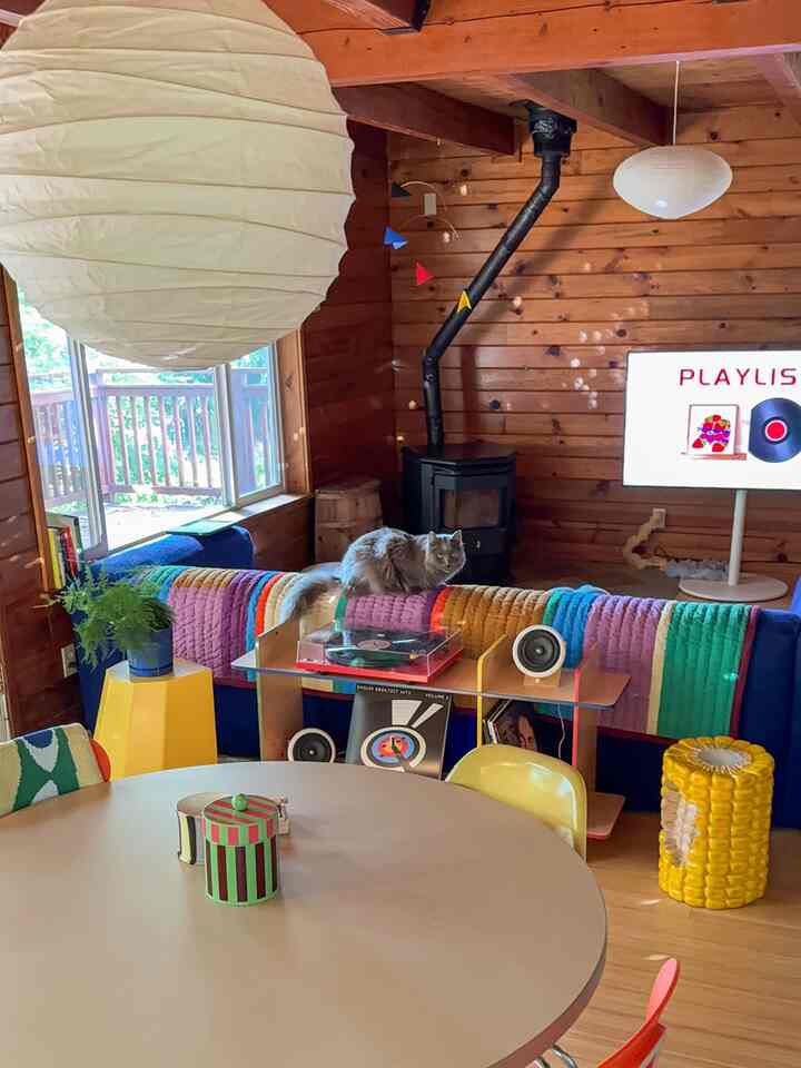 Cozy living and dining space with dominant wood tones and yellow accents, featuring a cat sitting on the sofa