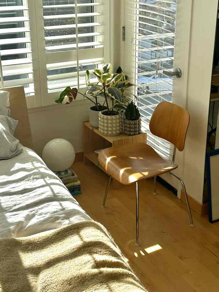 Golden-hour glow on my favorite corner ✨💛
The plywood Eames chair adds natural warmth, while the metal legs keep it feeling light and sleek. I love how the wooden side table, ceramic planters, and layered greenery create a calm, organic touch against the clean lines of the room. As the sun sets, this little spot turns into the coziest corner of the house. #EamesChair #sunsetlighting #bedroom 
