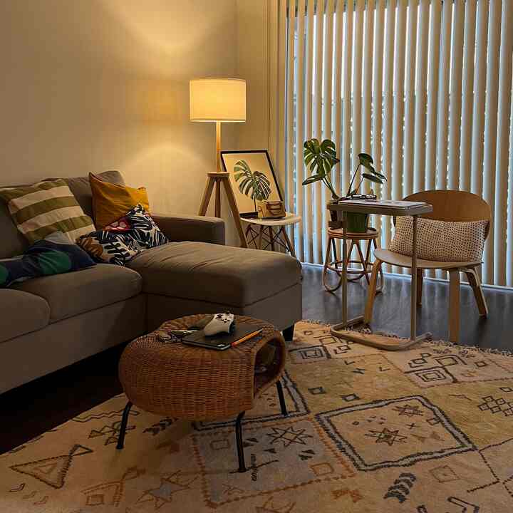 Cozy living room
#cozylivingroom #ikea #amazon #selfinterior 
#sectionalsofa #woodchair #laptopstand