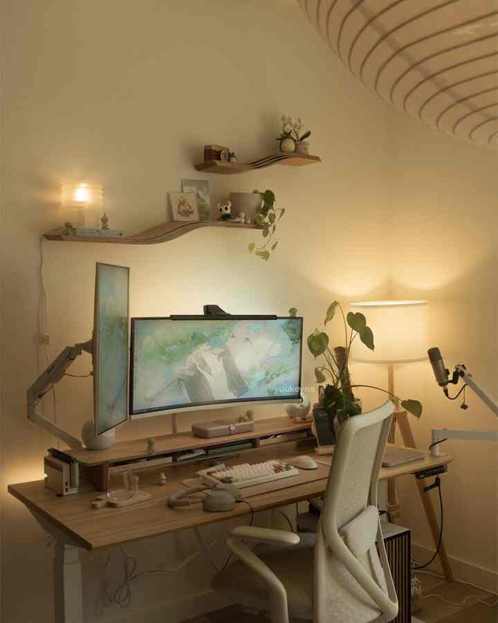 Warm light brown and white toned home office space featuring desk, ergonomic chair, dual monitors, shelves, and plants creating cozy ambiance