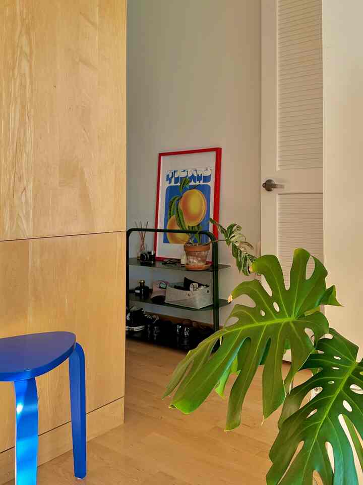 Entrance space featuring wood tones and green colors, with a blue stool and open shoe rack arranged neatly