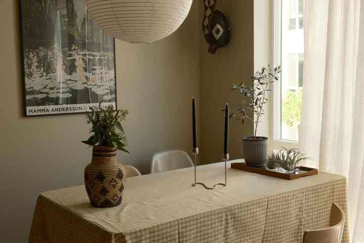 Warm natural dining room with yellow gingham tablecloth, plants, and soft natural light creating a cozy atmosphere