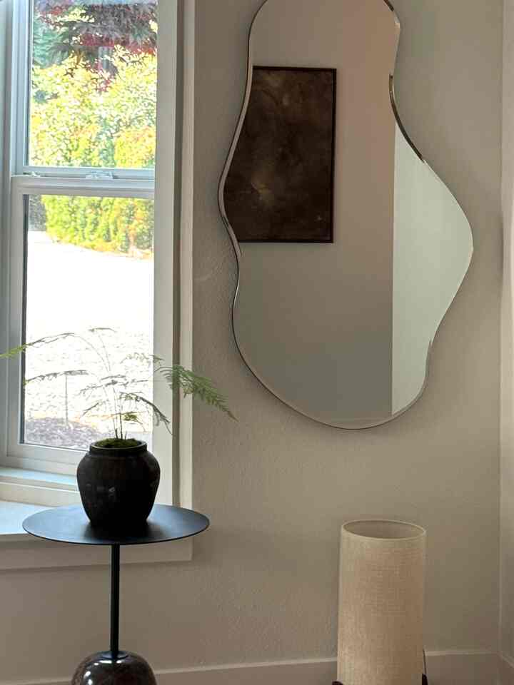 White-toned living room featuring an organic-shaped mirror and a black side table with a plant, creating a soft minimal atmosphere