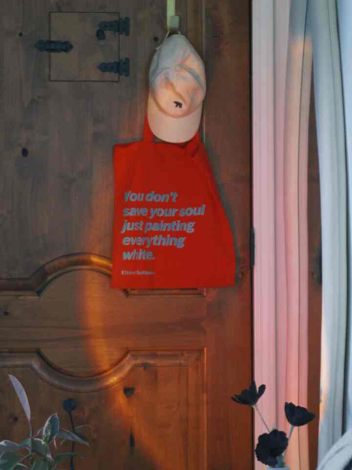 Warm wood tone entrance featuring a red tote bag and black vase with flowers under soft sunset light