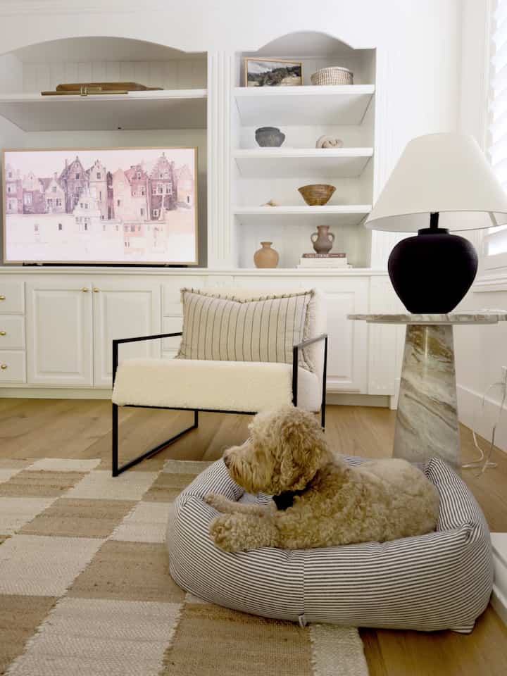 Natural color living room featuring a striped pet bed with a dog, modern armchair with striped pillow, and a table lamp creating cozy atmosphere