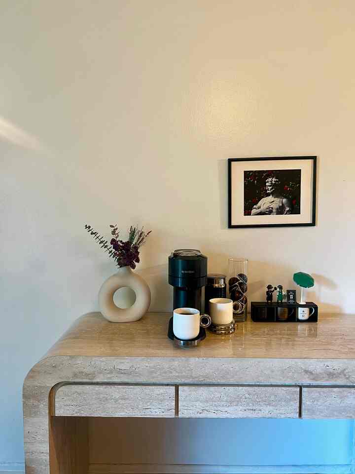 Before: just an empty console 🌿
After: my mini home café ☕✨
A small setup that makes mornings so much cozier. all on a budget.

#budgetfriendly #beforeandafter #cooffeestaion #homedecoronabudget #affordabledesign
